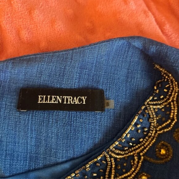 Ellen Tracy Linen Sheath Dress w/ Gold Embellished neckline - Size 8 - Picture 6 of 9